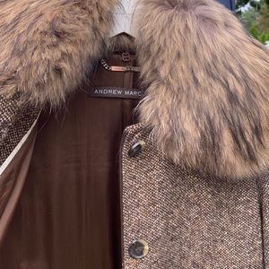Andrew Marc Brown Tweed Fur Collar Winter Coat